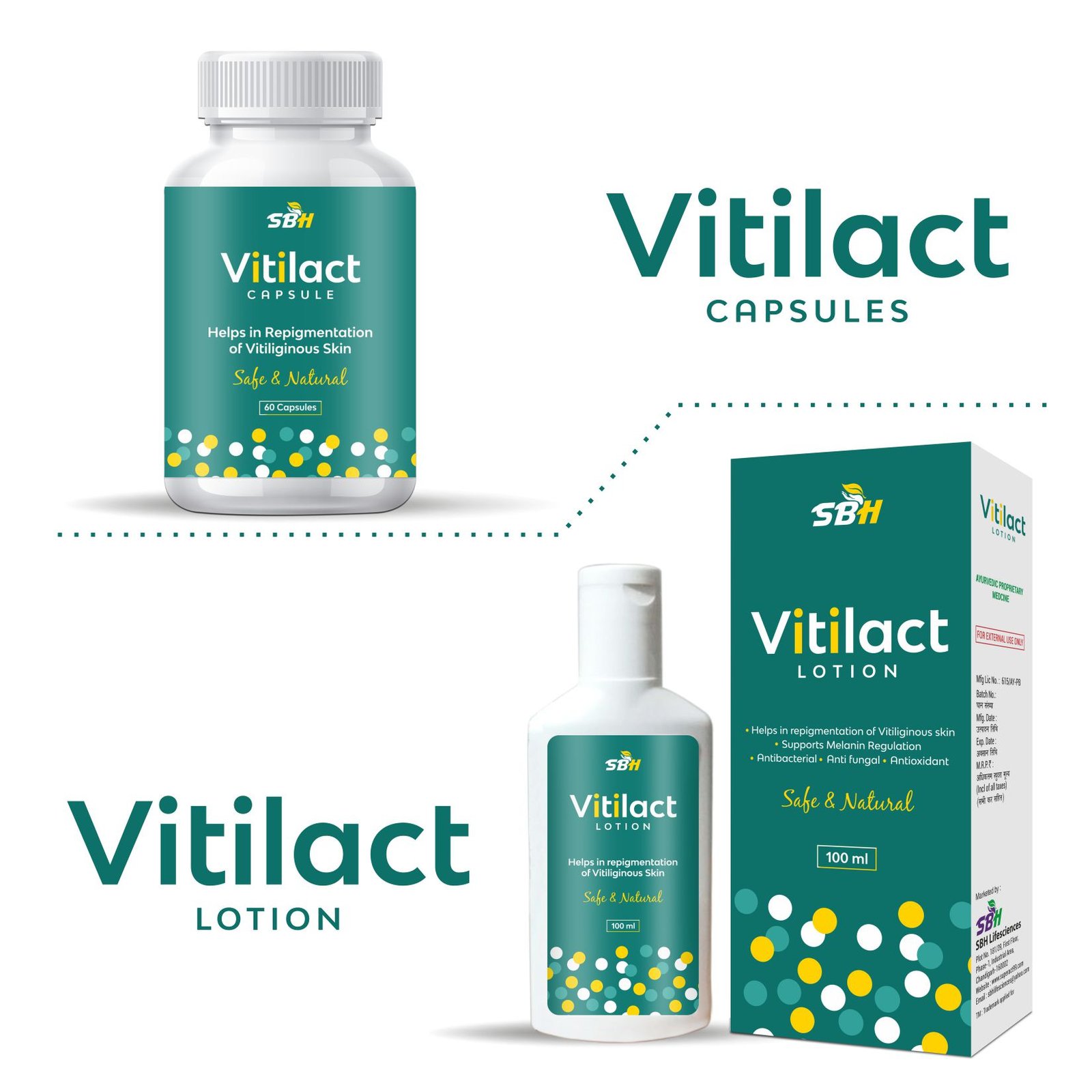 <b>Vitilact Combo</b> (100 ml lotion & 60 capsules) Ayurvedic, powerful & trusted formulation for faster and effective repigmentation of white patches (Vitilgo)