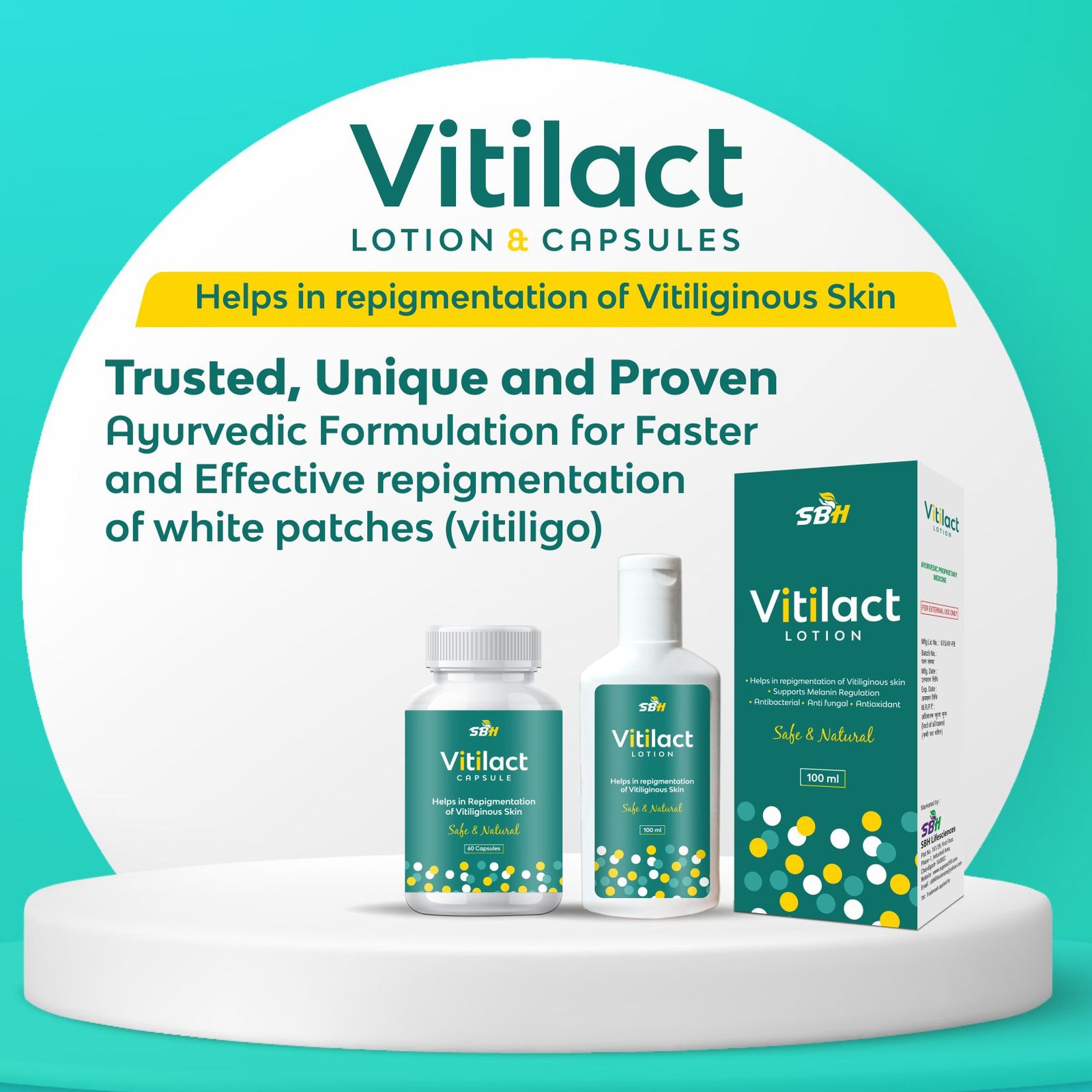<b>Vitilact Combo</b> (100 ml lotion & 60 capsules) Ayurvedic, powerful & trusted formulation for faster and effective repigmentation of white patches (Vitilgo) - Image 2