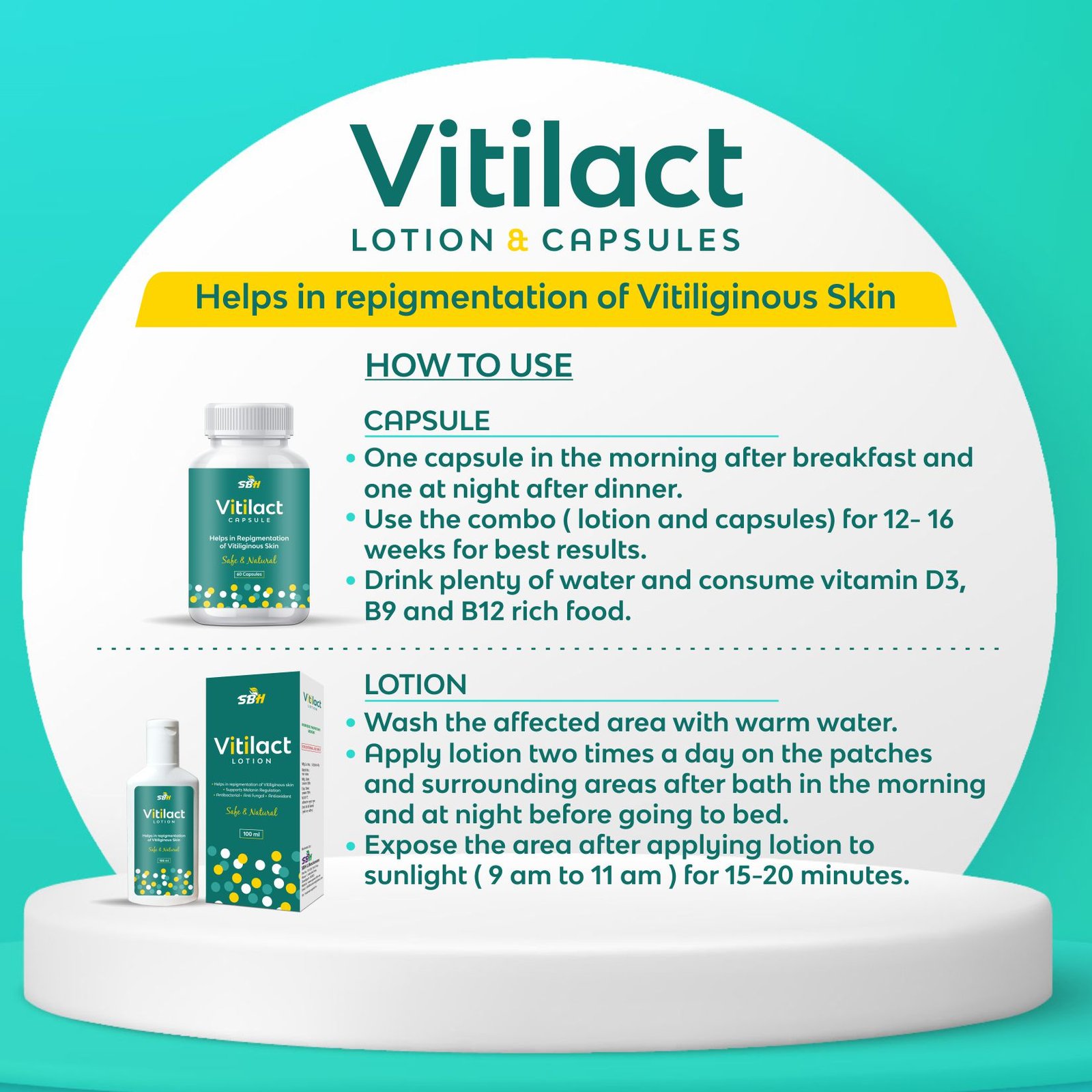 <b>Vitilact Combo</b> (100 ml lotion & 60 capsules) Ayurvedic, powerful & trusted formulation for faster and effective repigmentation of white patches (Vitilgo) - Image 5